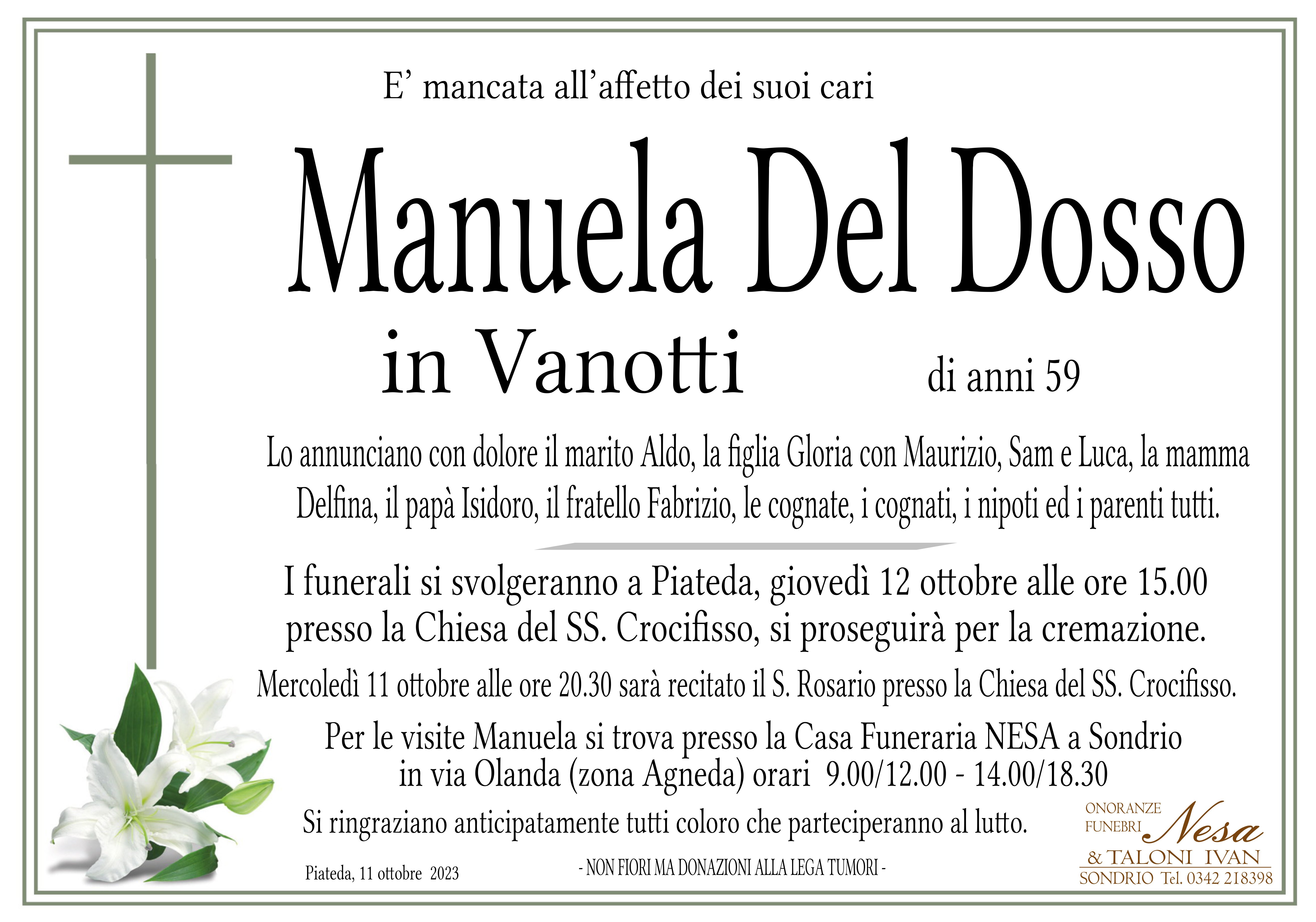 Necrologio Manuela Del Dosso in Vanotti